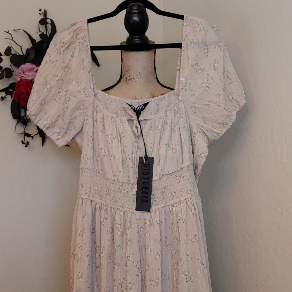 Disturbia Whimsigoth Cream Floral Smocked Midi Dress